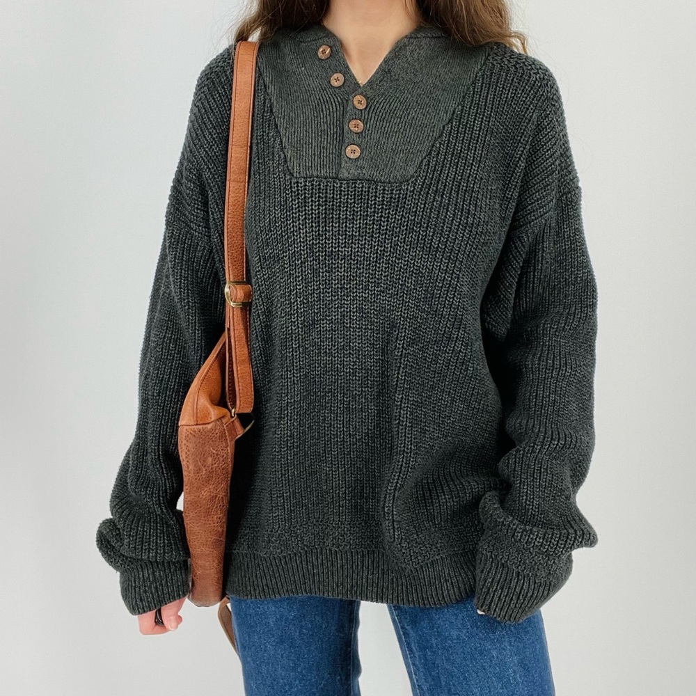 SOLD vtg oversized henley slouchy knit sweater in heathered forest green size L - Picture 3 of 7